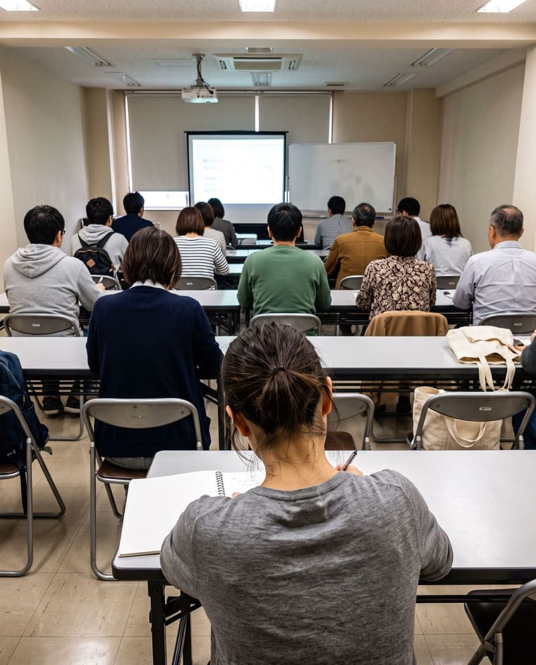 セミナー会場でノートを取っている