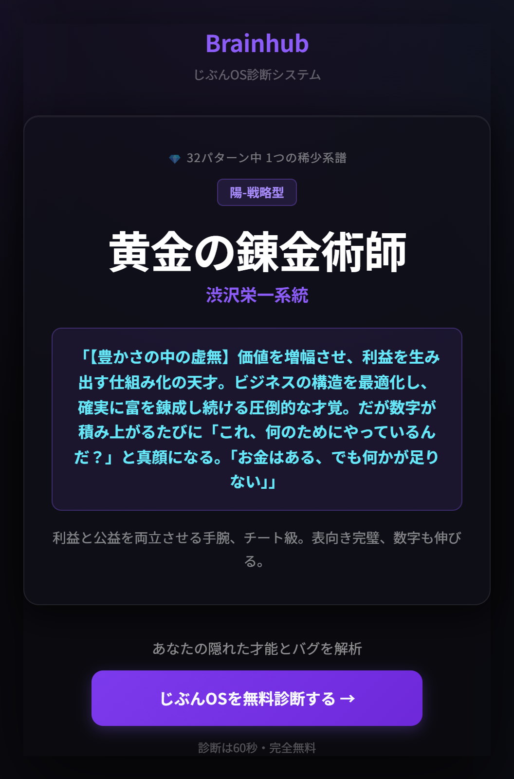 じぶんOS診断の結果カード（32パターン中1つの系譜・偉人系統）